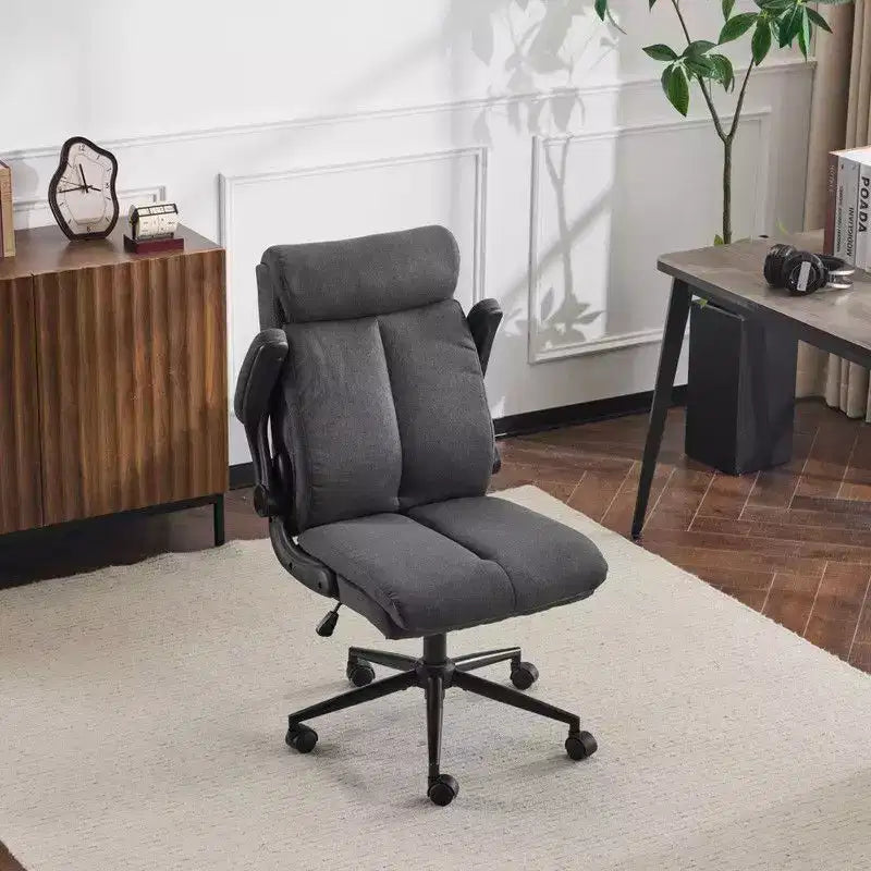 Chaise de bureau pivotante en coton et lin à dossier mi-haut, chaise de travail avec accoudoirs réglables