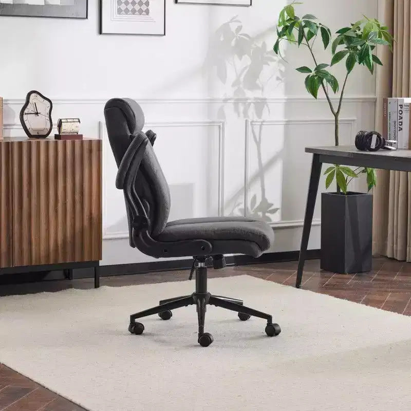 Chaise de bureau pivotante en coton et lin à dossier mi-haut, chaise de travail avec accoudoirs réglables
