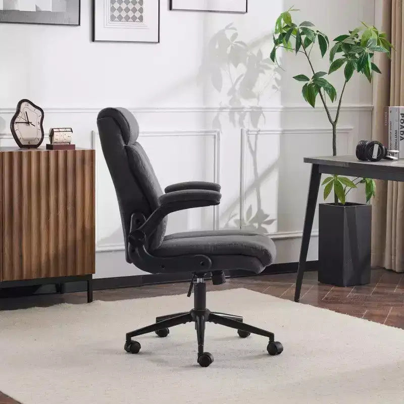 Chaise de bureau pivotante en coton et lin à dossier mi-haut, chaise de travail avec accoudoirs réglables