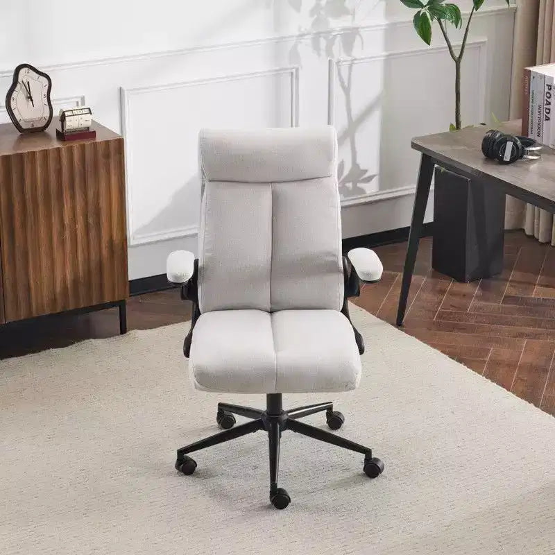 Chaise de bureau pivotante en coton et lin à dossier mi-haut, chaise de travail avec accoudoirs réglables