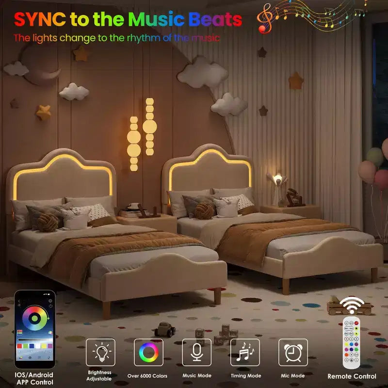Estructura de cama tapizada con LED, cabecera y piecera ajustables