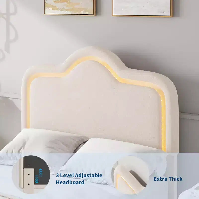 Estructura de cama tapizada con LED, cabecera y piecera ajustables