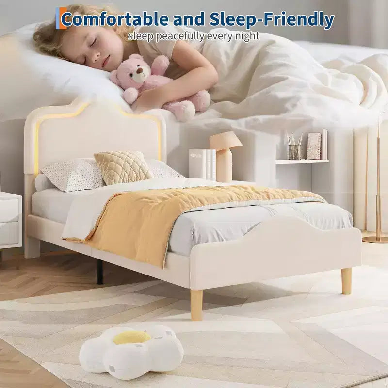 Estructura de cama tapizada con LED, cabecera y piecera ajustables