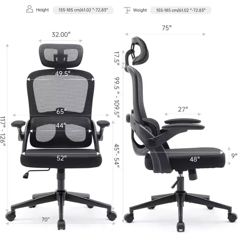 Chaise de bureau ergonomique avec soutien lombaire réglable, inclinaison de 110-130, accoudoirs 3D, roulettes