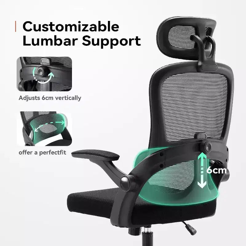 Chaise de bureau ergonomique avec soutien lombaire réglable, inclinaison de 110-130, accoudoirs 3D, roulettes