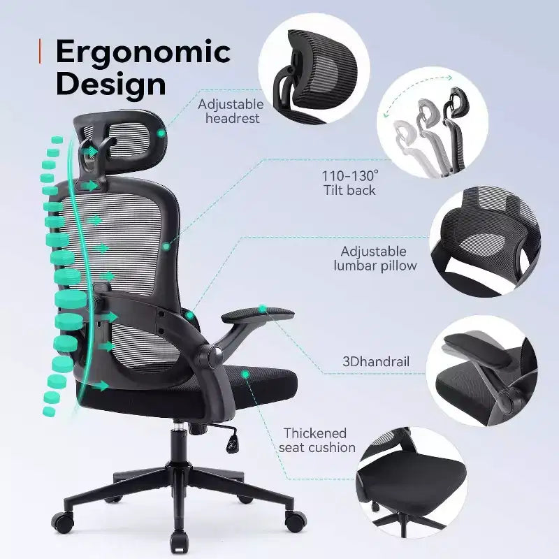 Ergonomic Office Chair Adjustable Lumbar Support 110-130 Tilt 3D Armrests Rolling