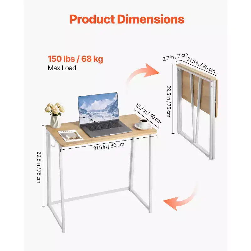 Bureau pliant, table pliable de 31.5 pour petits espaces avec crochets de rangement