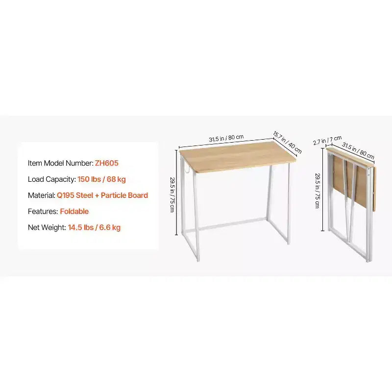 Bureau pliant, table pliable de 31.5 pour petits espaces avec crochets de rangement