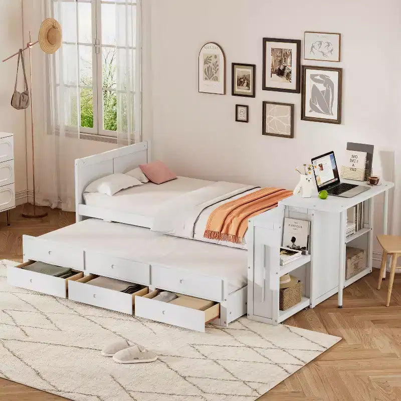 Twin Size Multifunctional Wood Platform Bed with Desk Storage Shelf Trundle 3 Drawers