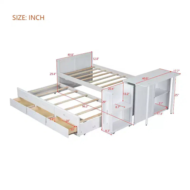 Twin Size Multifunctional Wood Platform Bed with Desk Storage Shelf Trundle 3 Drawers
