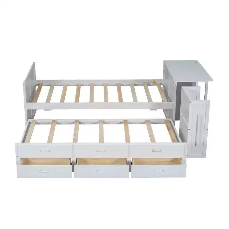 Twin Size Multifunctional Wood Platform Bed with Desk Storage Shelf Trundle 3 Drawers