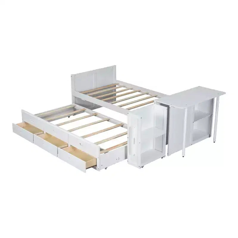 Twin Size Multifunctional Wood Platform Bed with Desk Storage Shelf Trundle 3 Drawers