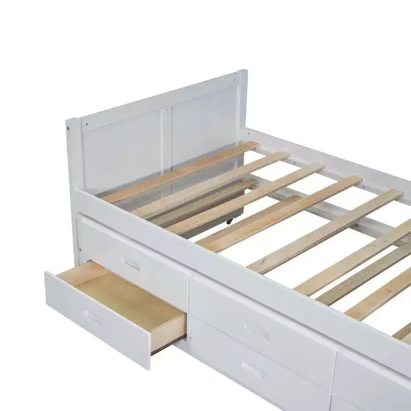 Twin Size Multifunctional Wood Platform Bed with Desk Storage Shelf Trundle 3 Drawers