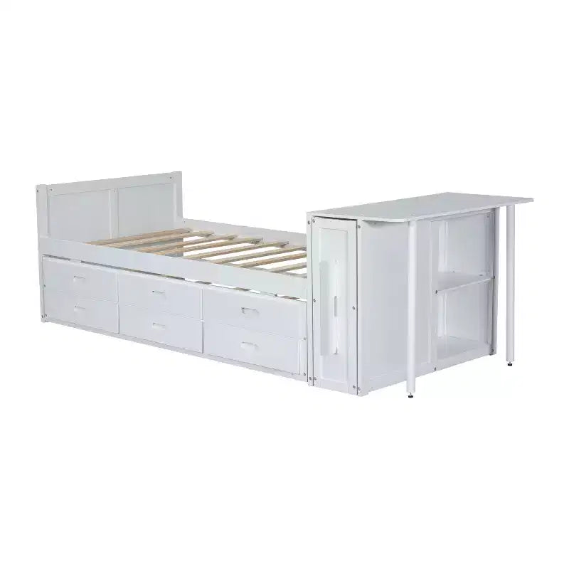 Twin Size Multifunctional Wood Platform Bed with Desk Storage Shelf Trundle 3 Drawers