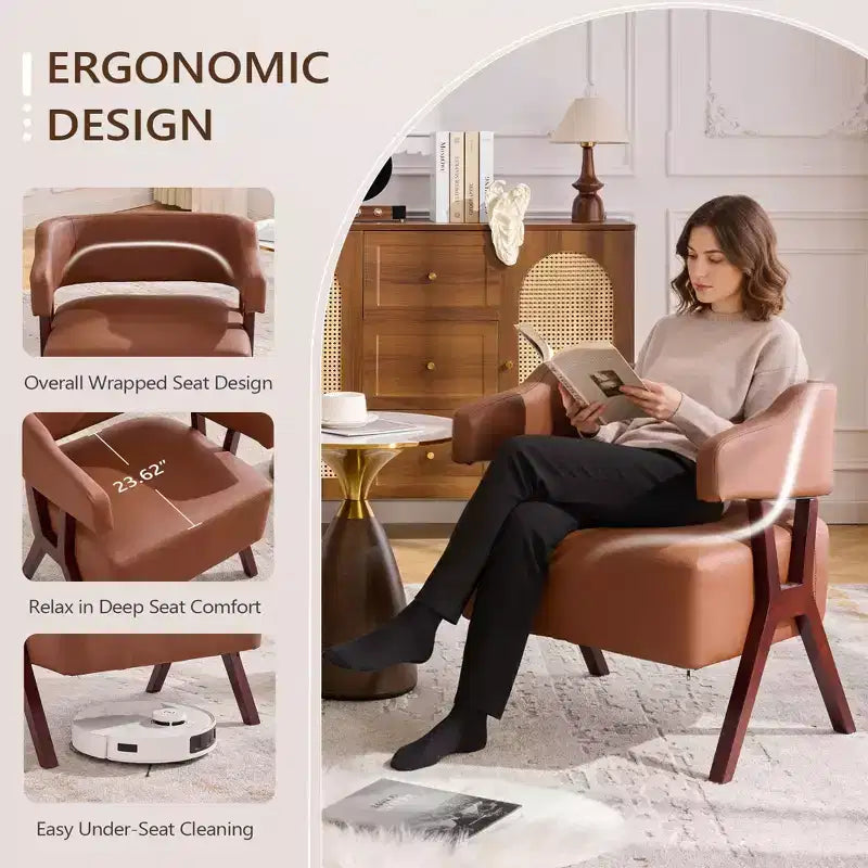 Fauteuil d'appoint rembourré de style mi-siècle avec assise recouverte de similicuir