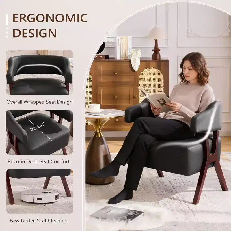 Fauteuil d'appoint rembourré de style mi-siècle avec assise recouverte de similicuir