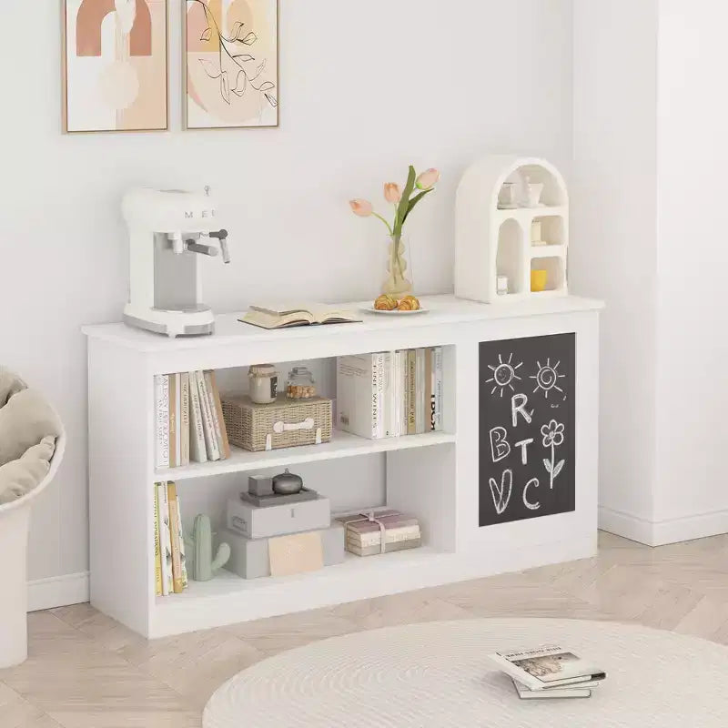 Bibliothèque pour enfants 3-en-1 et meuble de rangement pour jouets avec tableau noir, organiseur moderne blanc