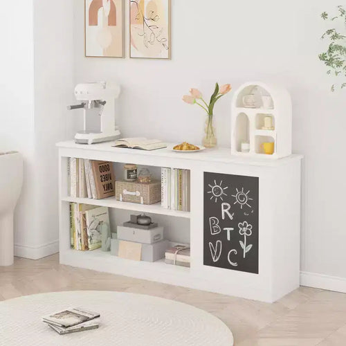 Bibliothèque pour enfants 3-en-1 et meuble de rangement pour jouets avec tableau noir, organiseur moderne blanc