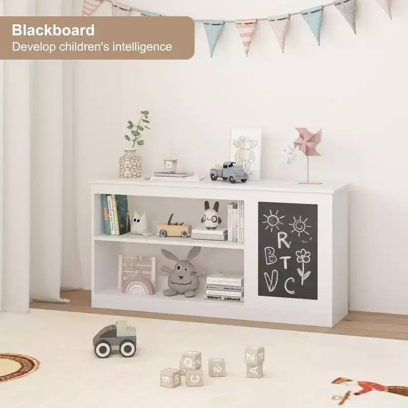 Bibliothèque pour enfants 3-en-1 et meuble de rangement pour jouets avec tableau noir, organiseur moderne blanc