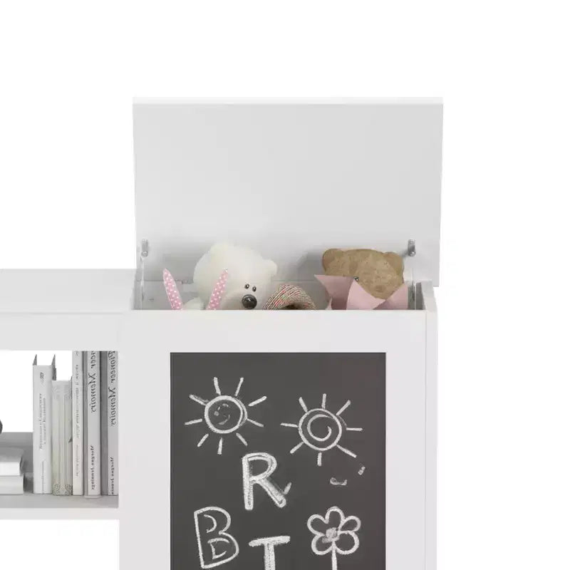 Bibliothèque pour enfants 3-en-1 et meuble de rangement pour jouets avec tableau noir, organiseur moderne blanc