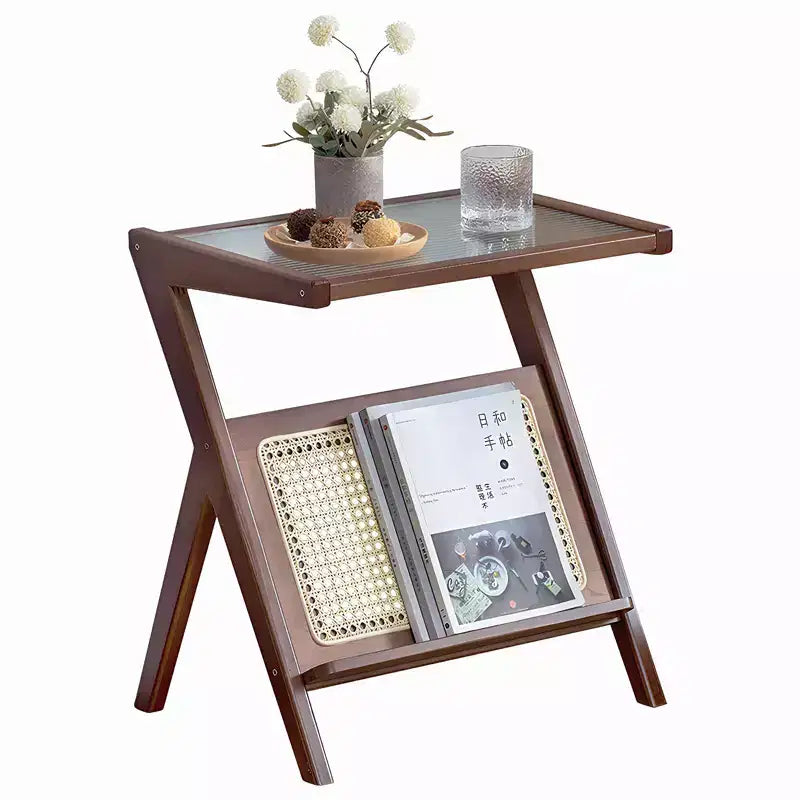 Table d’appoint bohème en bambou et rotin avec plateau en verre