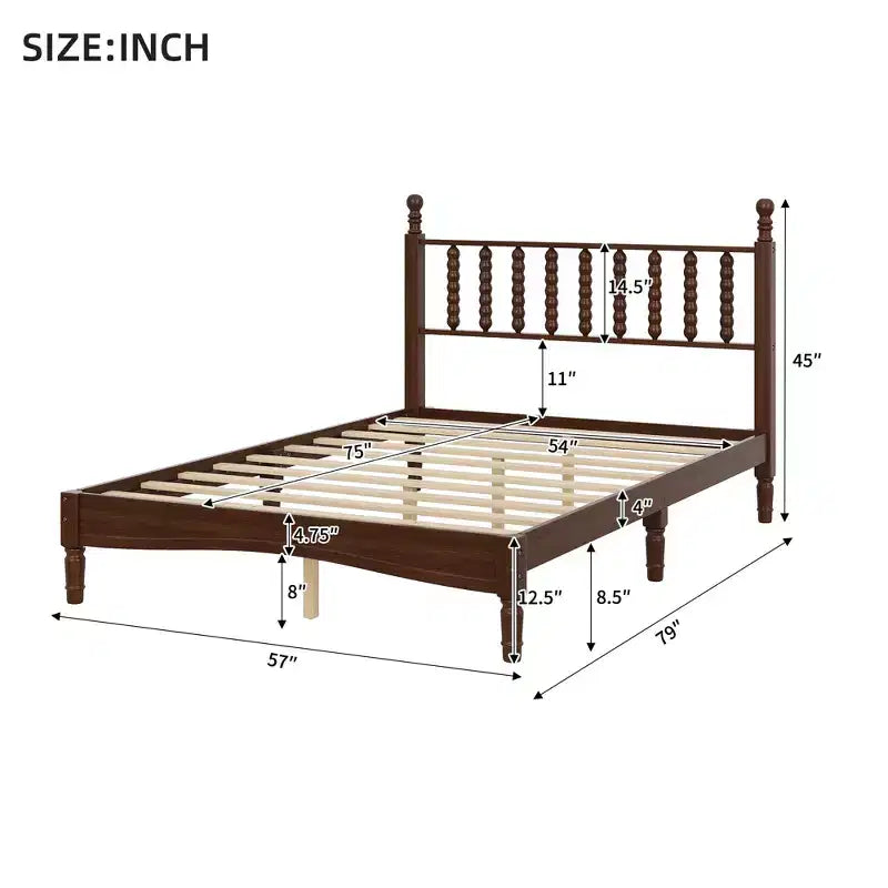 Cama de plataforma retro de madera con cabecera en forma de calabaza