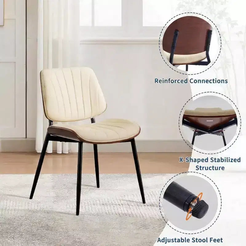 Esszimmerstühle im Mid-Century-Stil mit Sitzfläche aus PU-Leder, gebogener Rückenlehne aus Walnussholz und Metallbeinen