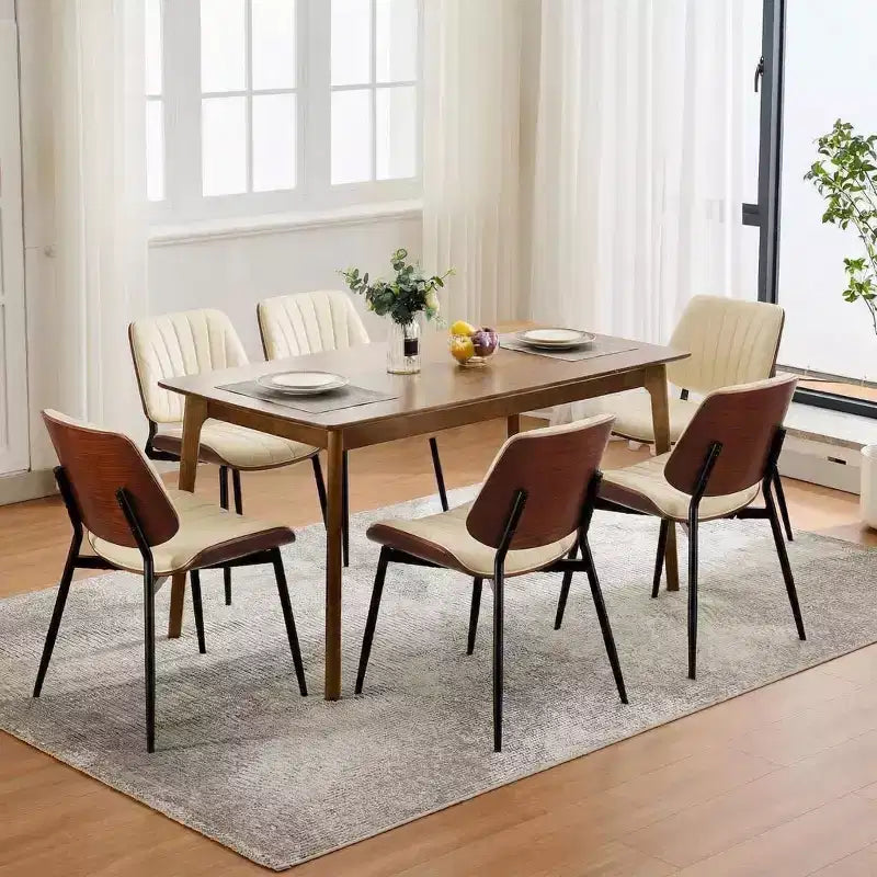 Esszimmerstühle im Mid-Century-Stil mit Sitzfläche aus PU-Leder, gebogener Rückenlehne aus Walnussholz und Metallbeinen