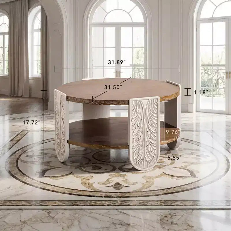Carved Wooden Coffee Table, Retro Double-Layer Storage Side Table