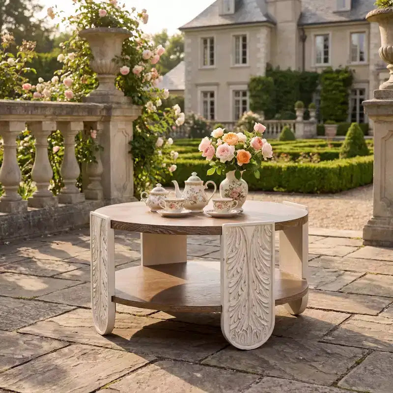 Table basse en bois sculpté, table d'appoint rétro à deux niveaux avec rangement