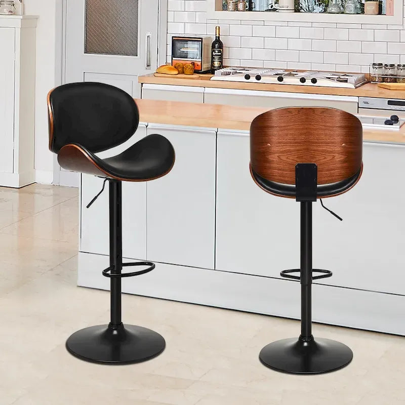2er-Set Barhocker aus Bugholz, Mid-Century-Stil, höhenverstellbar, drehbar, PU