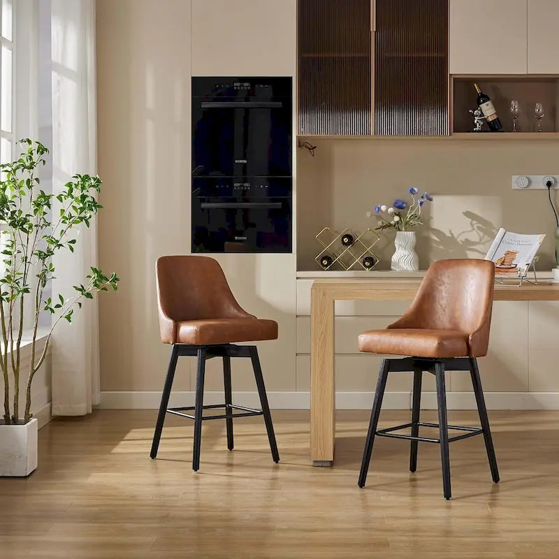 Drehbare Barhocker, 2er-Set, Barhocker in Thekenhöhe mit Rückenlehnen und Holzbeinen, gepolsterte Stühle für die Kücheninsel