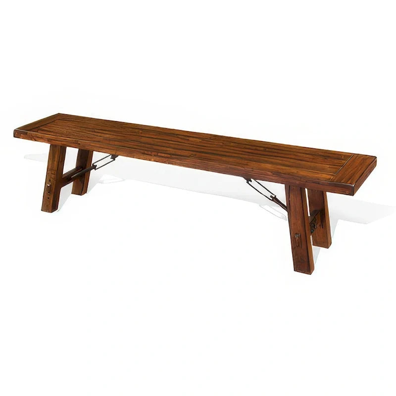Banc de 72 pouces en acajou brun, avec détails décoratifs en tendeurs métalliques