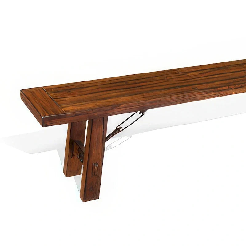 Banc de 72 pouces en acajou brun, avec détails décoratifs en tendeurs métalliques