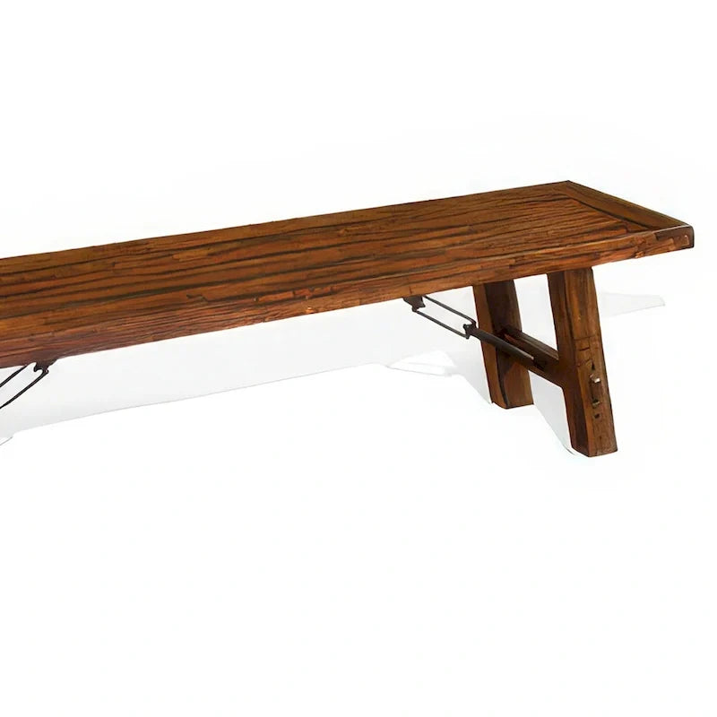 Banc de 72 pouces en acajou brun, avec détails décoratifs en tendeurs métalliques