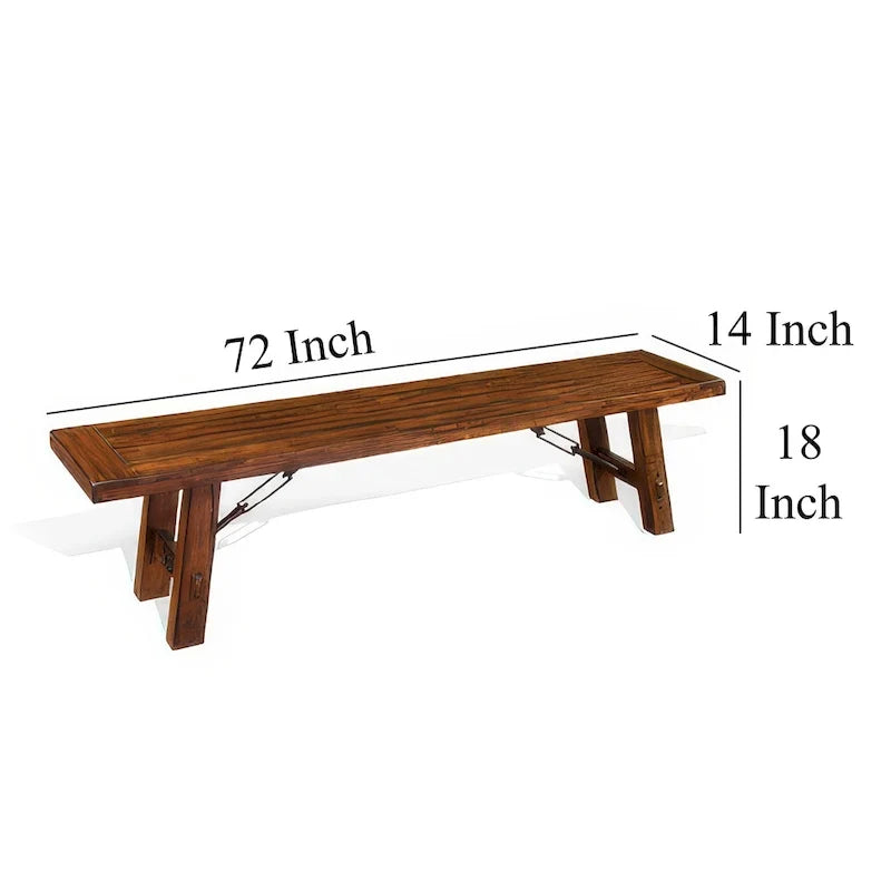 Banc de 72 pouces en acajou brun, avec détails décoratifs en tendeurs métalliques