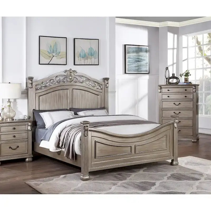 Formal Traditional Antique Silver 1pc Bed Unique Design Headboard Footboard Bedframe