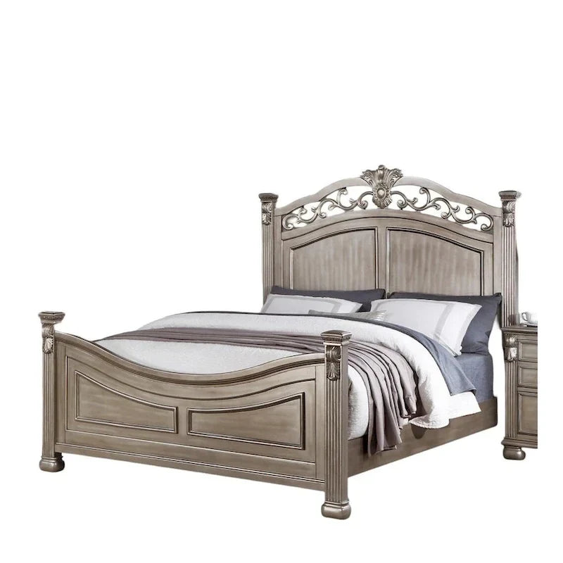Formal Traditional Antique Silver 1pc Bed Unique Design Headboard Footboard Bedframe