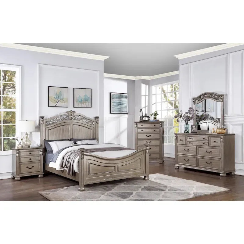 Formal Traditional Antique Silver 1pc Bed Unique Design Headboard Footboard Bedframe