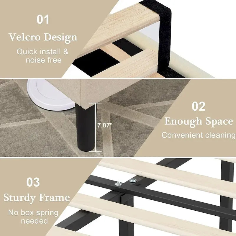 Tufted Upholstered Bed Frames With Adjustable Headboard