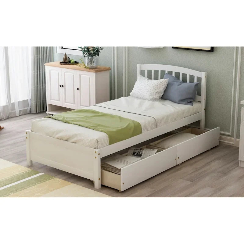 Twin Size Wood Platform Bed with Two Drawers and Headboard
