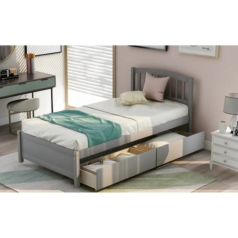 Twin Size Wood Platform Bed with Two Drawers and Headboard