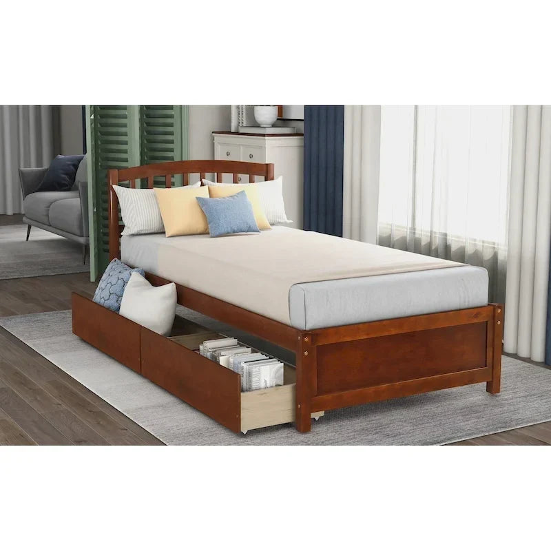 Twin Size Wood Platform Bed with Two Drawers and Headboard