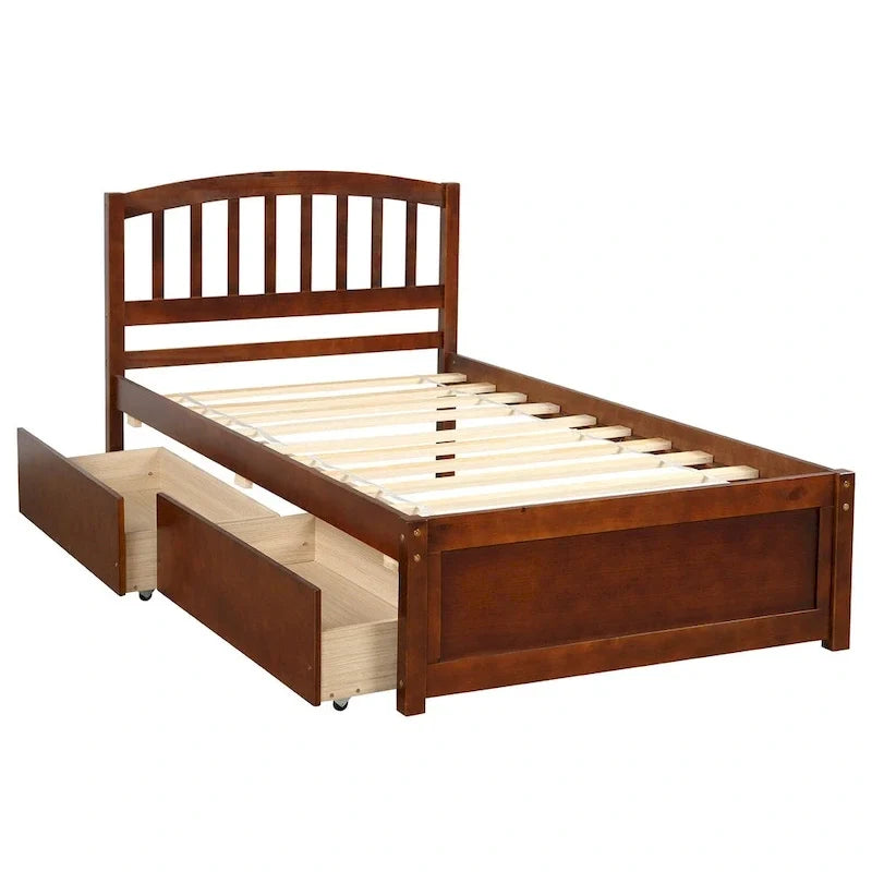 Twin Size Wood Platform Bed with Two Drawers and Headboard
