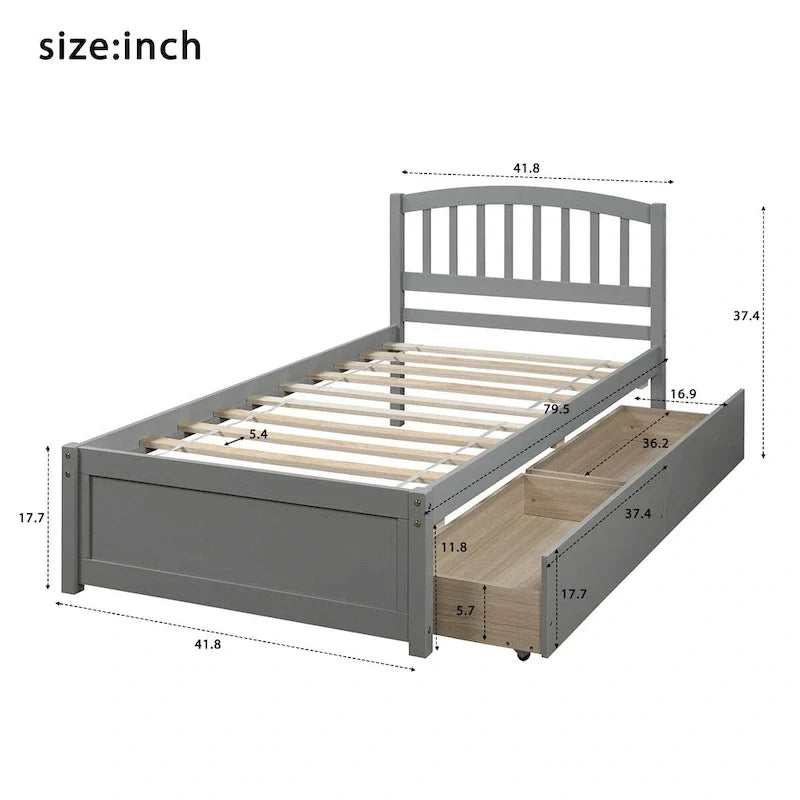 Plattformbett aus Holz in Twin-Größe mit zwei Schubladen und Kopfteil