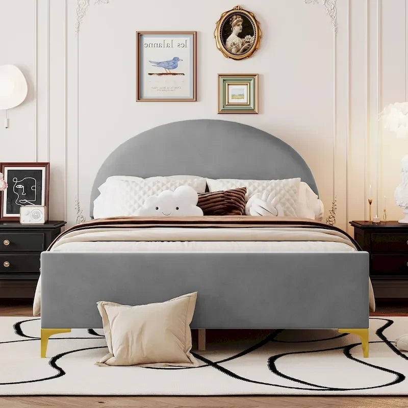 Upholstered Platform Bed with Classic Semi-circle Shaped headboard and Mental Legs