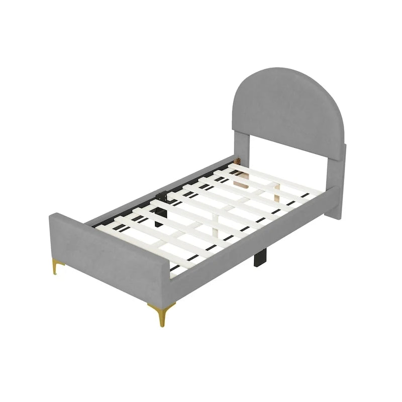 Gepolstertes Plattformbett mit klassischem halbrundem Kopfteil und Metallbeinen