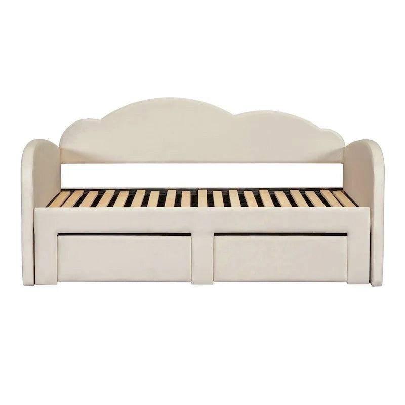 Gepolstertes Tagesbett in Twin-Größe mit wolkenförmiger Rückenlehne, Ausziehbett, 2 Schubladen und USB-Anschlüssen, Beige