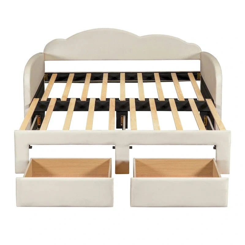 Gepolstertes Tagesbett in Twin-Größe mit wolkenförmiger Rückenlehne, Ausziehbett, 2 Schubladen und USB-Anschlüssen, Beige