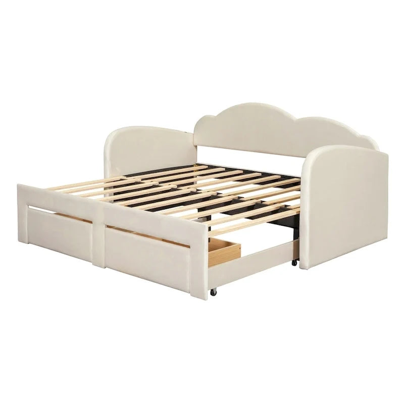 Gepolstertes Tagesbett in Twin-Größe mit wolkenförmiger Rückenlehne, Ausziehbett, 2 Schubladen und USB-Anschlüssen, Beige